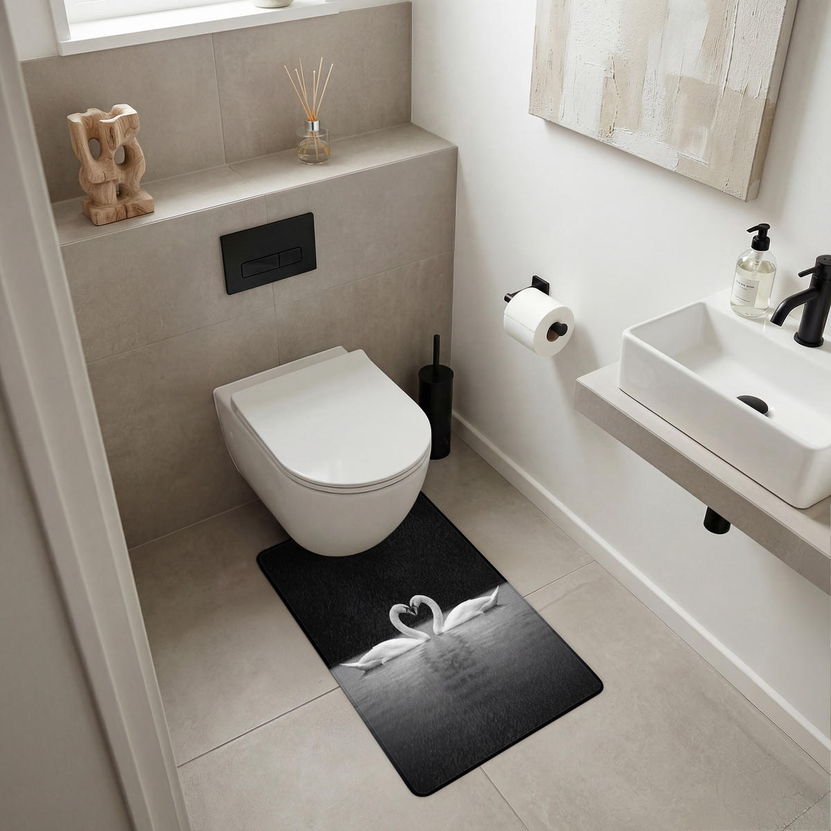 WC PŘEDLOŽKA Labutě - srdce - černá - bílá 50x80 cm - černá, textil/plast (50/1cm) - OnlyWow