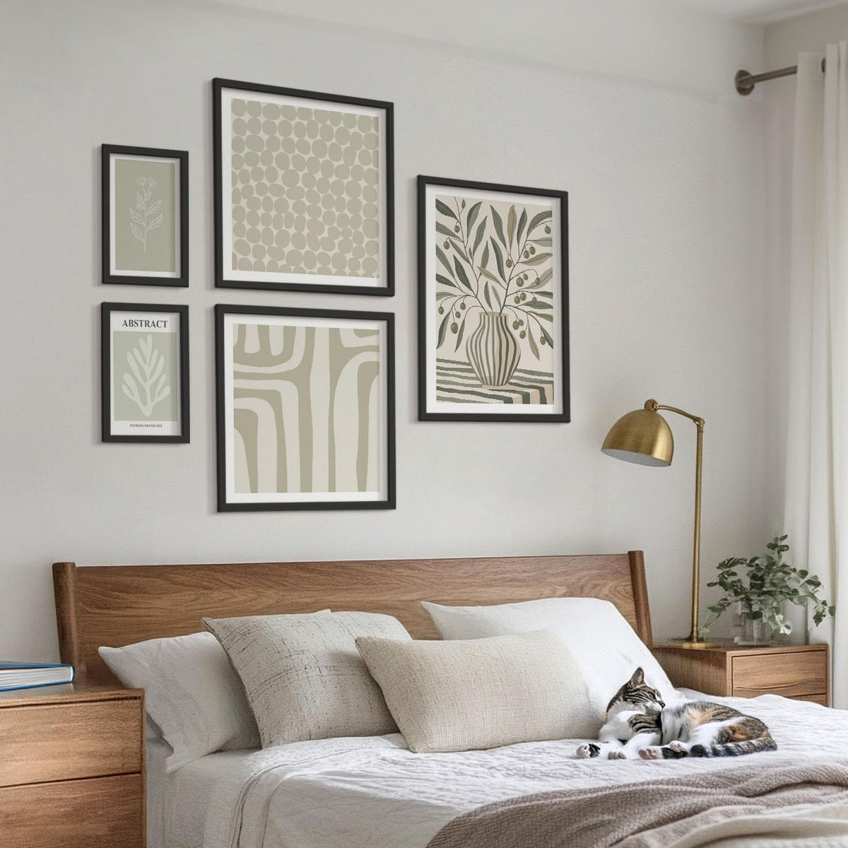 BILDER SET 5er Set - 50x50 cm & 20x30 cm & 40x60 cm Schwarzer Rahmen - Abstrakte Pflanzenmuster - Schwarz, Kunststoff (40/60cm) - TULUP