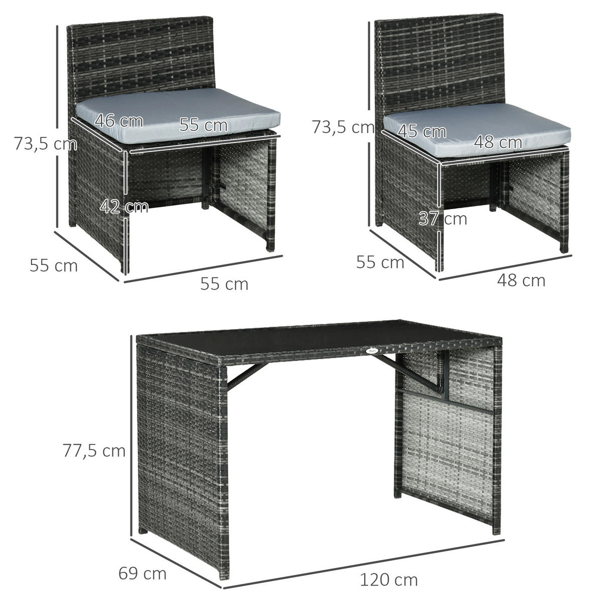 GARTENMÖBEL Set Stahl PE Polyrattan Grau - Grau, Metall - Outsunny