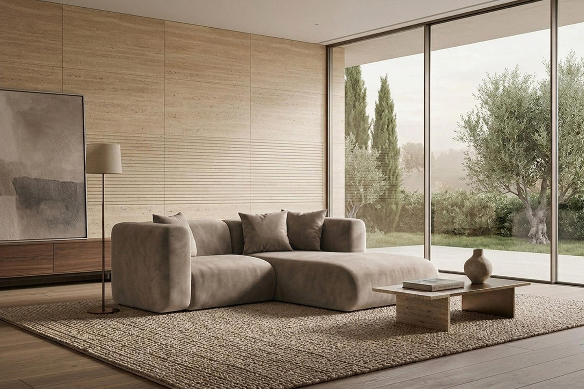 ECKSOFA L-Form mini, Velvet-Stoff Bluvel, Latte, Rechts, GRETA - Hellbraun, Holz (226/179cm) - Kaiser Möbel