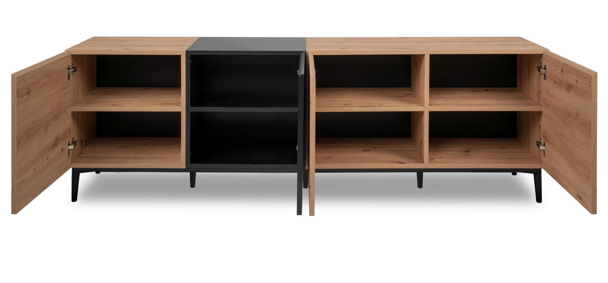 TV-LOWBOARD Eiche Artisan, schwarz 200 cm, Fernsehtisch mit Komforthöhe - Schwarz/Eiche Artisan, Holzwerkstoff (200/65/42cm) - Furn.Design