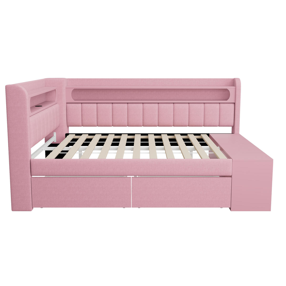 STAURAUMBETT 90/200 cm DE-03405, mit USB, LED, Schuhschrank und zwei Schubladen, in Rosa - Pink, Holzwerkstoff (90/200cm) - ComfortXL