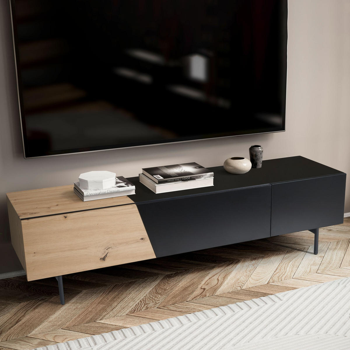 TV-LOWBOARD mit Eiche-Dekor, Türen und Schublade, modern, Braun-Schwarz 150x40x40 cm - Schwarz/Braun, Holzwerkstoff/Metall (150/40/40cm) - KADIMA DESIGN