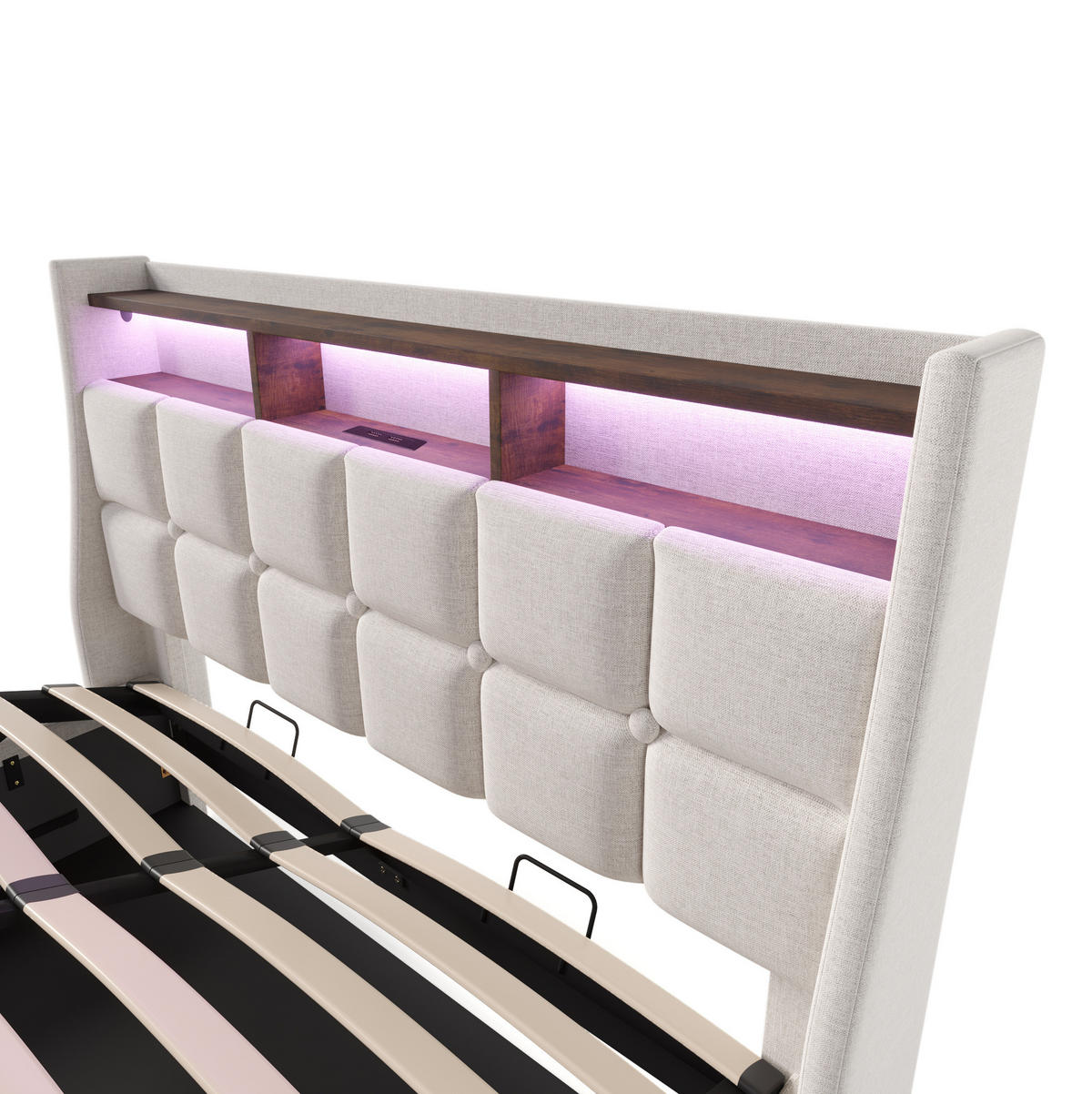 OBLAZINJENA postelja iz lana 140x200 cm svetlo bež z LED osvetlitvijo, USB priključkom in dvižnim letvenim dnom - bež, tekstil (140/200cm) - Modfu