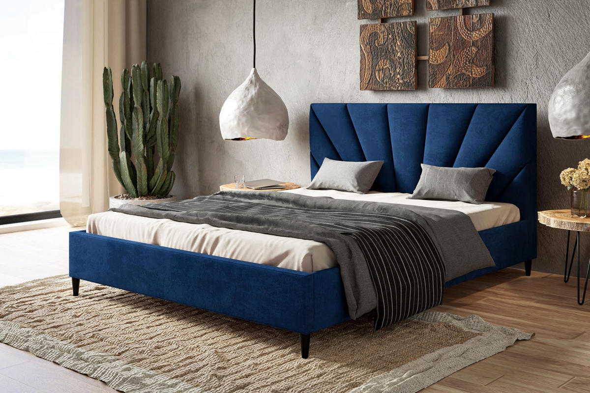 POLSTERBETT LUX Denver mit Kopfteil, 160 x 200 cm, Doppelbett mit Lattenrost aus Holz, Velourstoff Blau, Füße in Farbe: Schwarz - Blau, Holz/Textil (160/200cm) - Alpi-Möbel