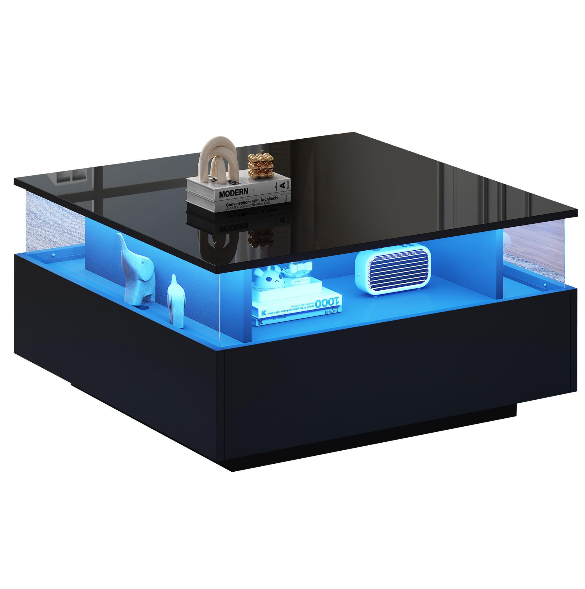 COUCHTISCH 70/70 cm mit LED-Beleuchtung und 2 Schubladen - Schwarz, Holzwerkstoff (70/70/41cm) - BEAOK