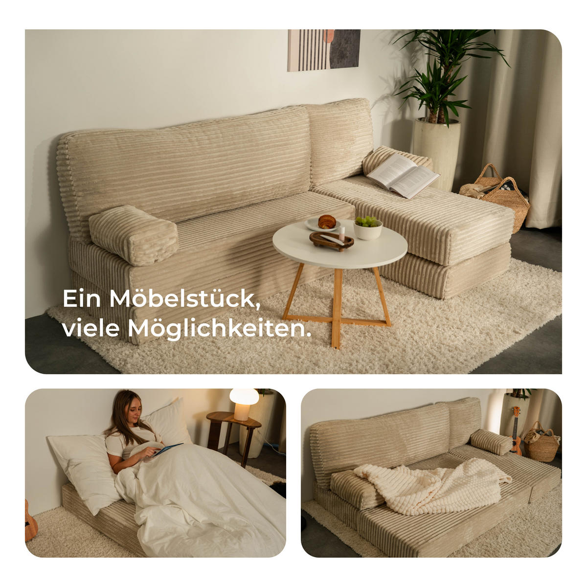 ECKSOFA NOTIA modulares Boneless Sofa mit Schlaffunktion Rosa Kordstoff - Rosa, Textil (200/120cm) - MASSENO