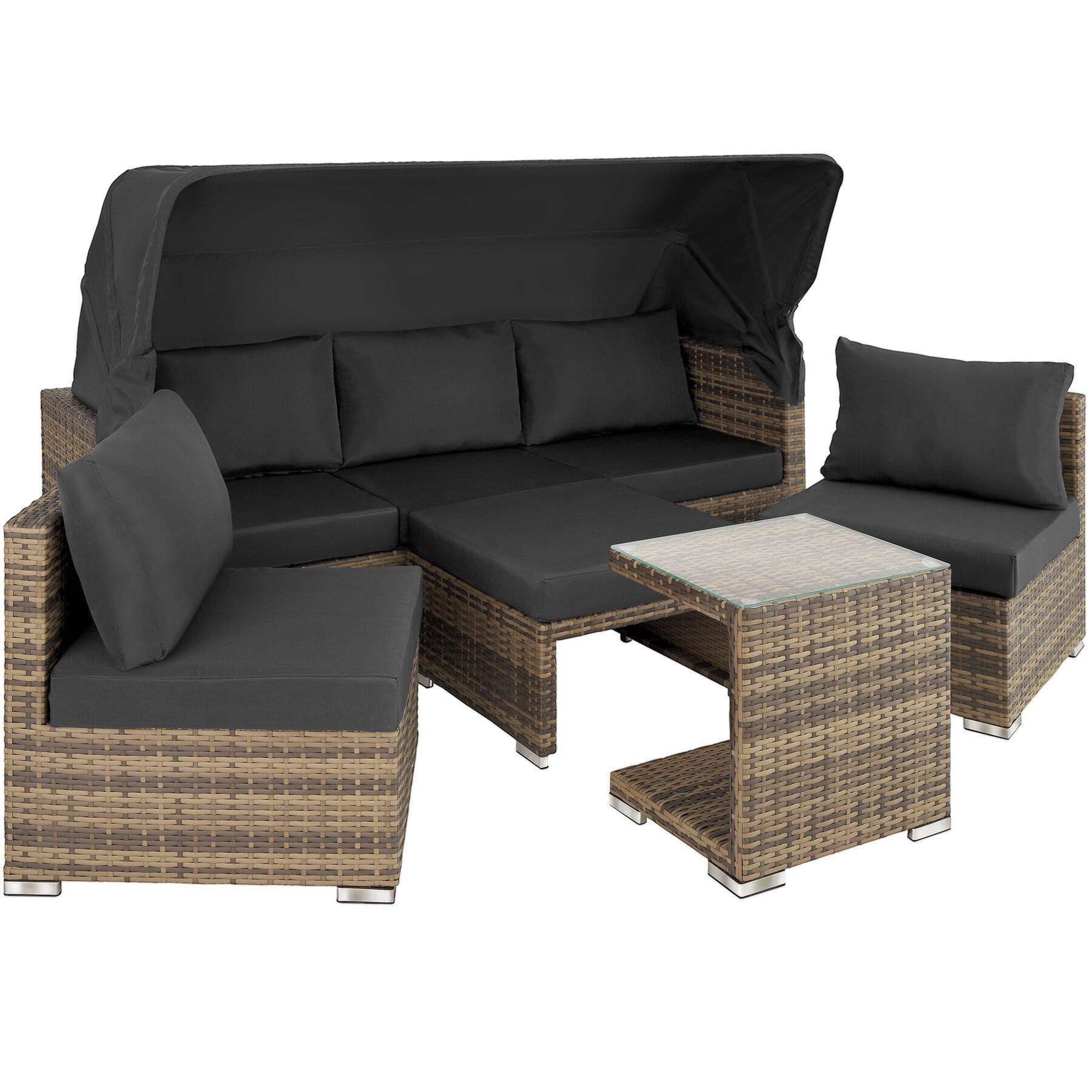 RATTANLOUNGE San Marino, mit Sicherheitsglasplatte, variabel aufstellbar, natur - Naturfarben, Kunststoff (68/131/199cm) - tectake