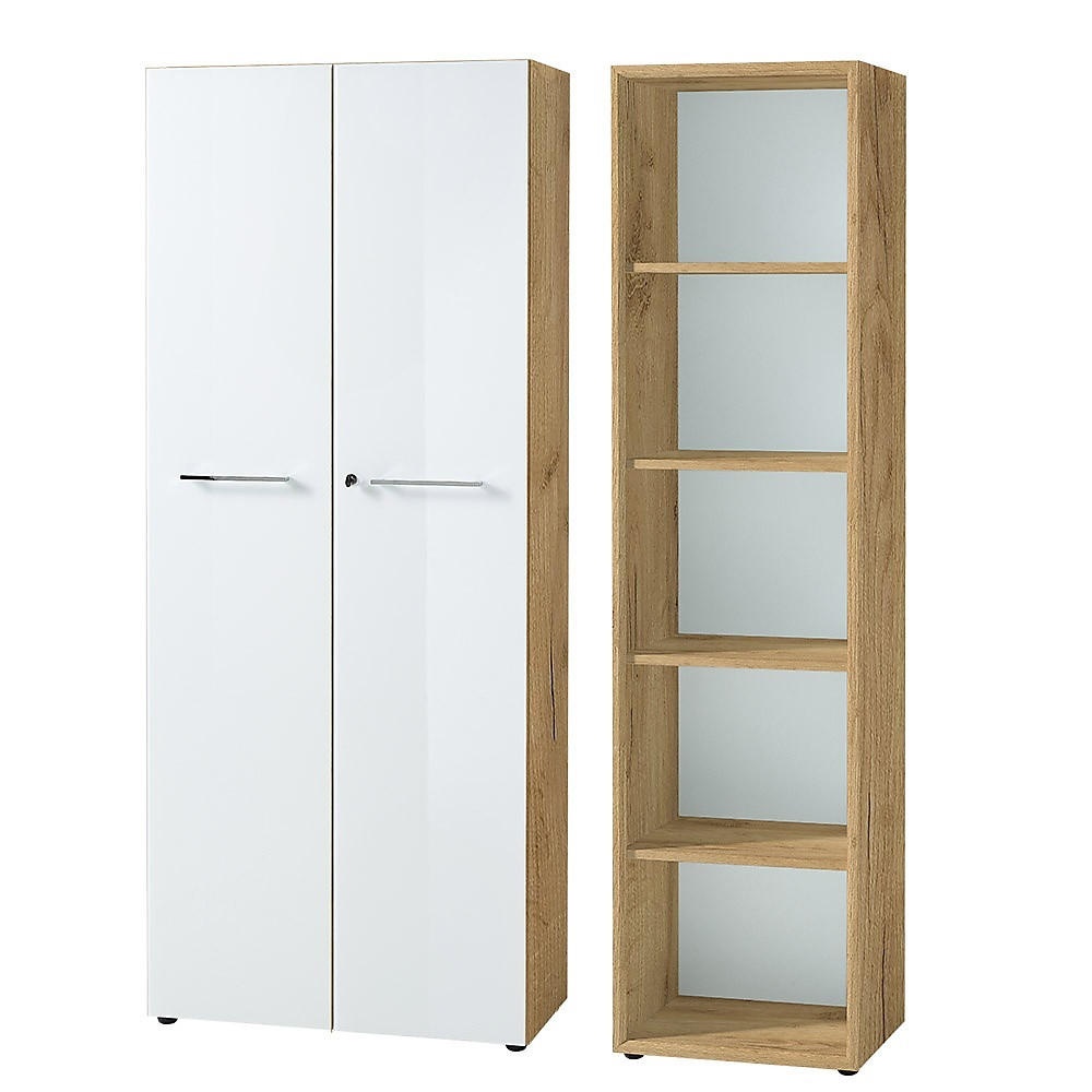 BÜRO-SET MUENCHEN 2-teilig | Schrank & Regal 5 OH | Glas Front & Abschließbar | Chalet-Eiche-Nb./Weiß - Weiß, Holzwerkstoff/Metall (145/196/37cm) - KADIMA DESIGN
