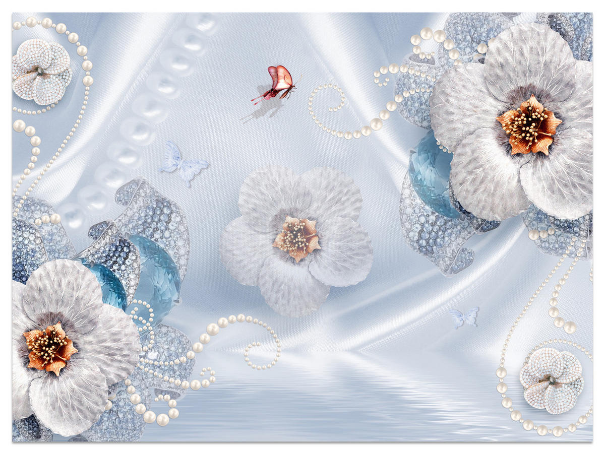 FOTOTAPETE für Schlafzimmer Blumen Perlen Schmetterlinge Blau 450x315 - Blau/Gelb, Papier (450/315cm) - Muralo