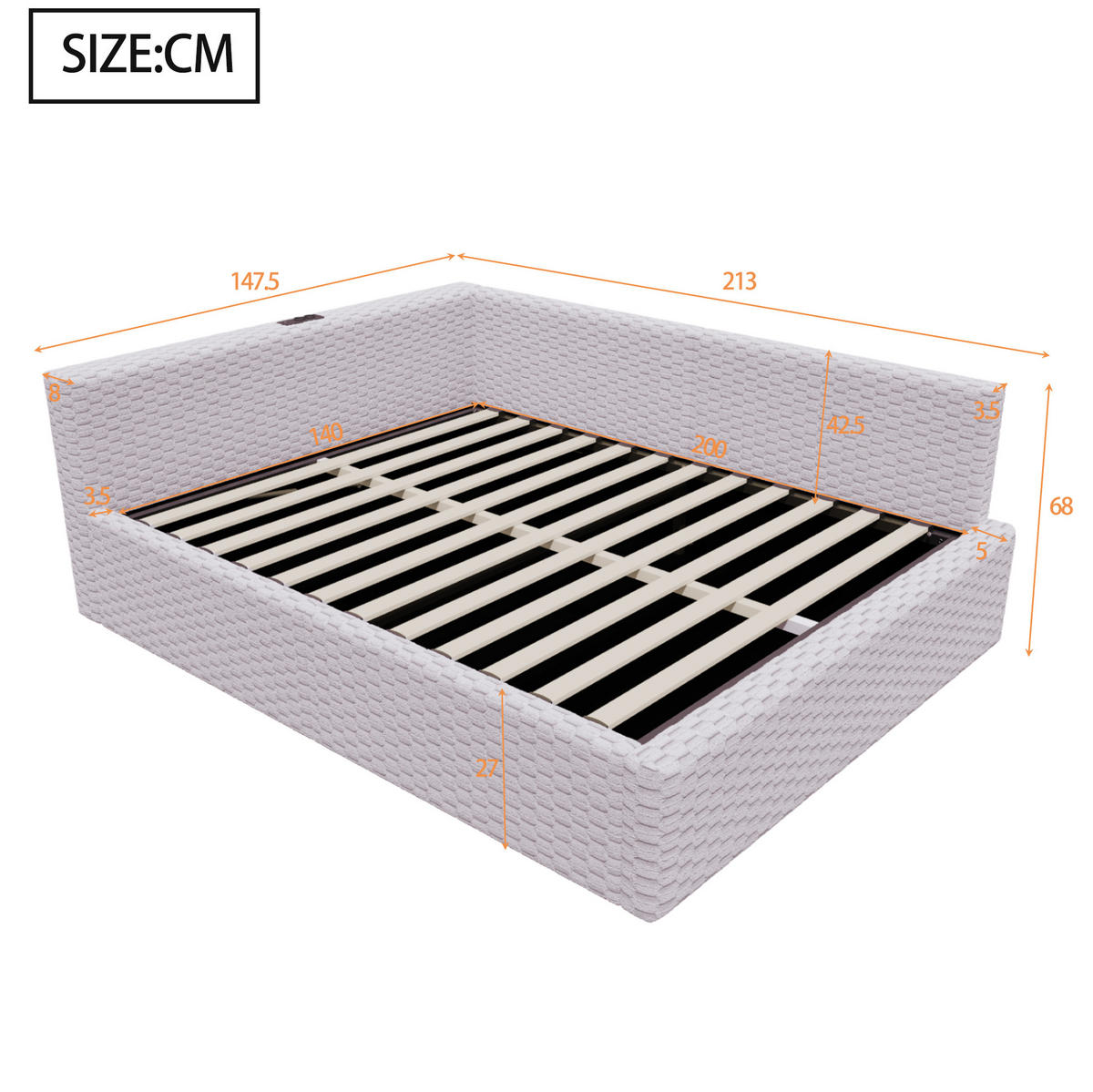 ČALOUNĚNÁ postel 140/200 cm šedá z sametu s LED osvětlením, USB-C a úložným prostorem - šedá, textil (140/200cm) - OKWISH
