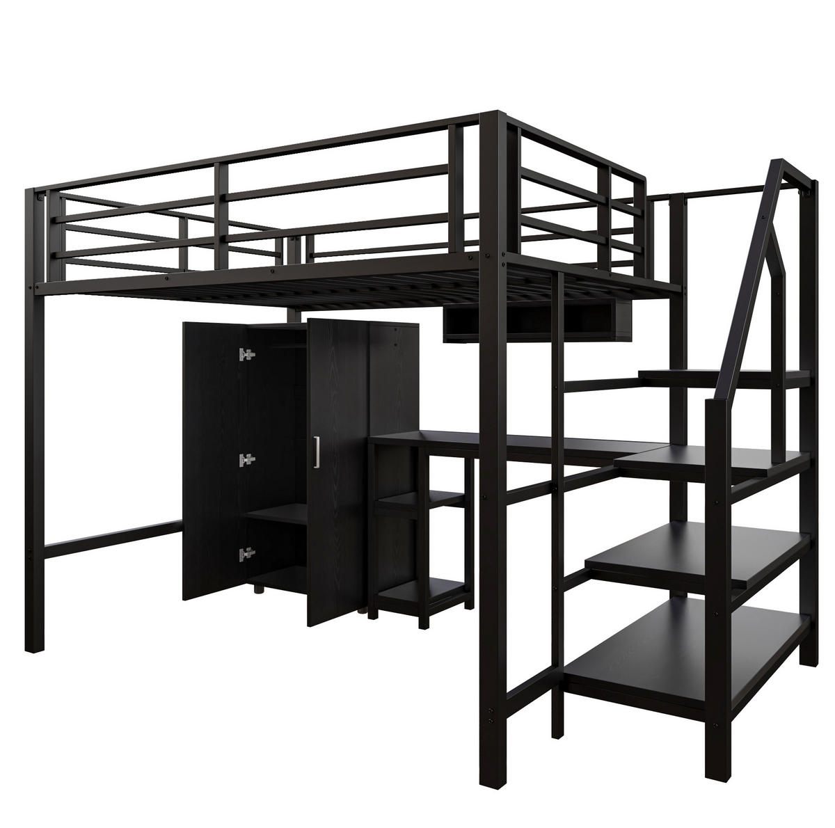 HOCHBETT 140/200 cm mit Kleiderschrank, Regalen, Ablageleiter und Schreibtisch, Schwarz - Schwarz, Metall (140/200cm) - Redom