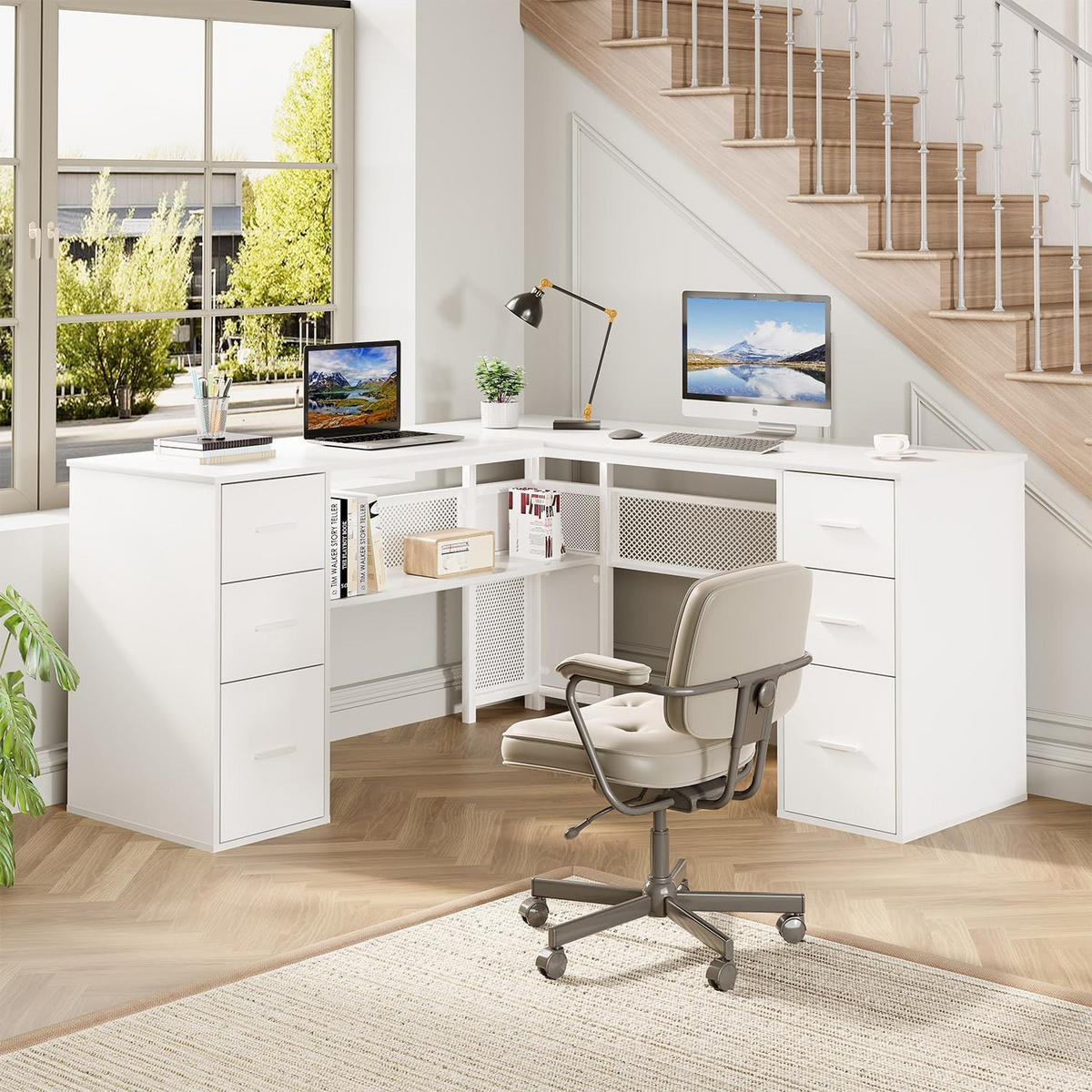 SCHREIBTISCH L-FORM mit Schubladen Eckschreibtisch 150 x 150 cm - Weiß, Holzwerkstoff/Metall (150/150/76.2cm) - Quality Elegance