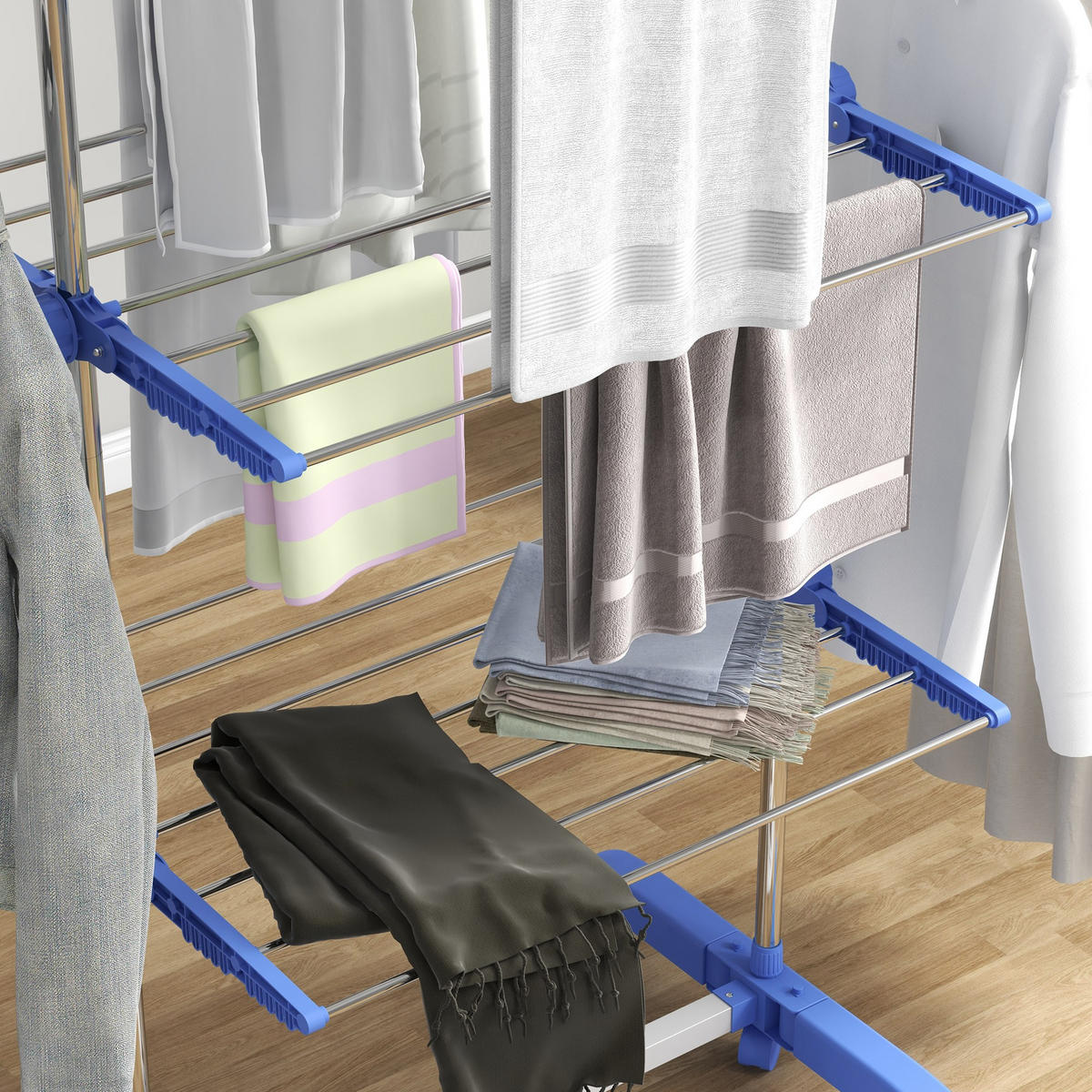 WÄSCHESTÄNDER DE-09792 4 Ebenen klappbar mit 6 Rollen Blau+Silber - Blau, Metall (142/152/55cm) - ComfortXL