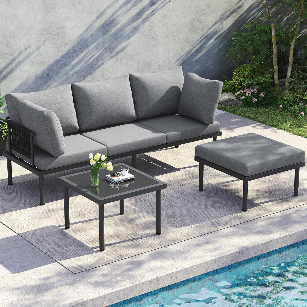 LOUNGESET Grau+Schwarz Eck Mit Sofa Couchtisch Hocker - Schwarz, Kunststoff - FLIEKS