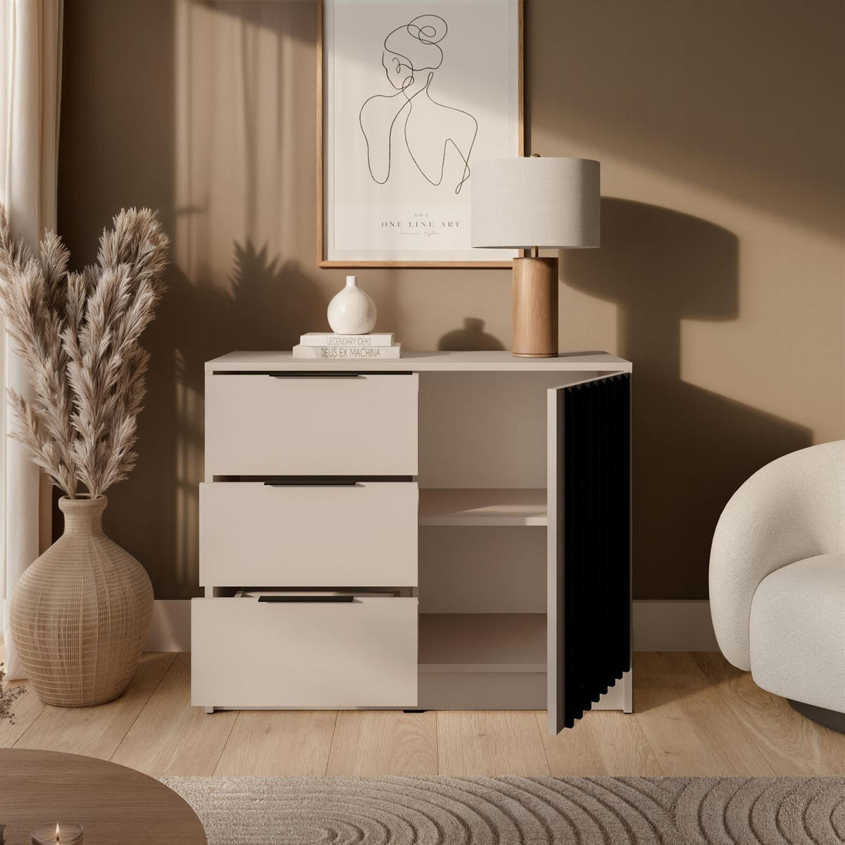 KOMMODE NELA mit Lamellen, Kaschmir/Schwarz - Kaschmir, Holzwerkstoff (105/86/45cm) - Lookway