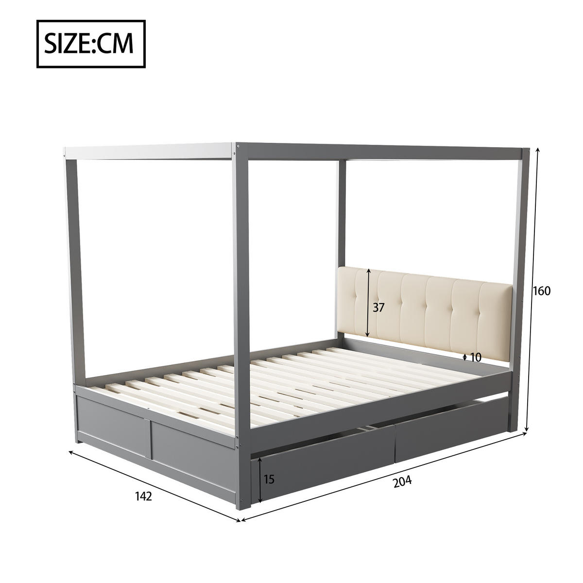 HIMMELBETT 140/200 cm grau mit großen Schubladen und gepolsterter Rückenlehne - Grau, Holz (140/200cm) - OKWISH