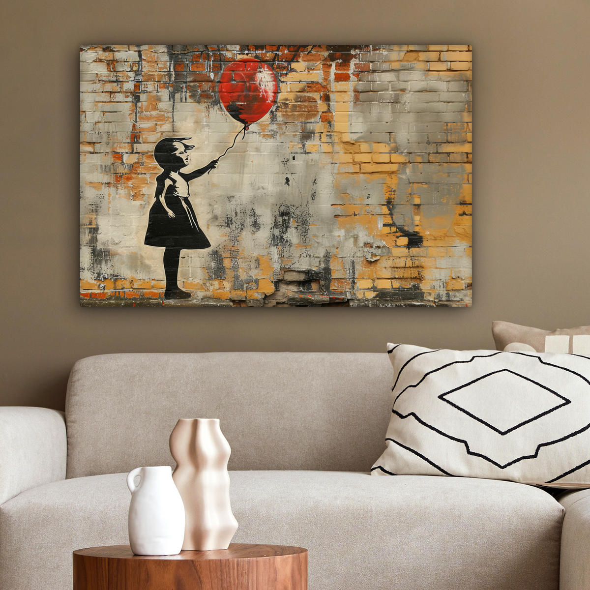 LEINWANDBILD Graffiti - Banksy - Mädchen - Straßenkunst Wanddeko 90x60 cm - Sandfarben, Textil (90/60cm) - MuchoWow