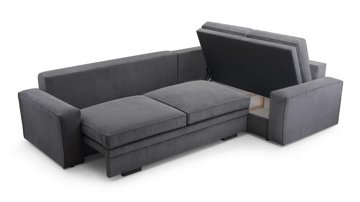 ECKSOFA L Form Treville DunkelGrau 296/196/94 cm – Rechts, mit Bettkasten und Schlaffunktion - Dunkelgrau/Schwarz, Kunststoff/Textil (296/196cm) - AX Living