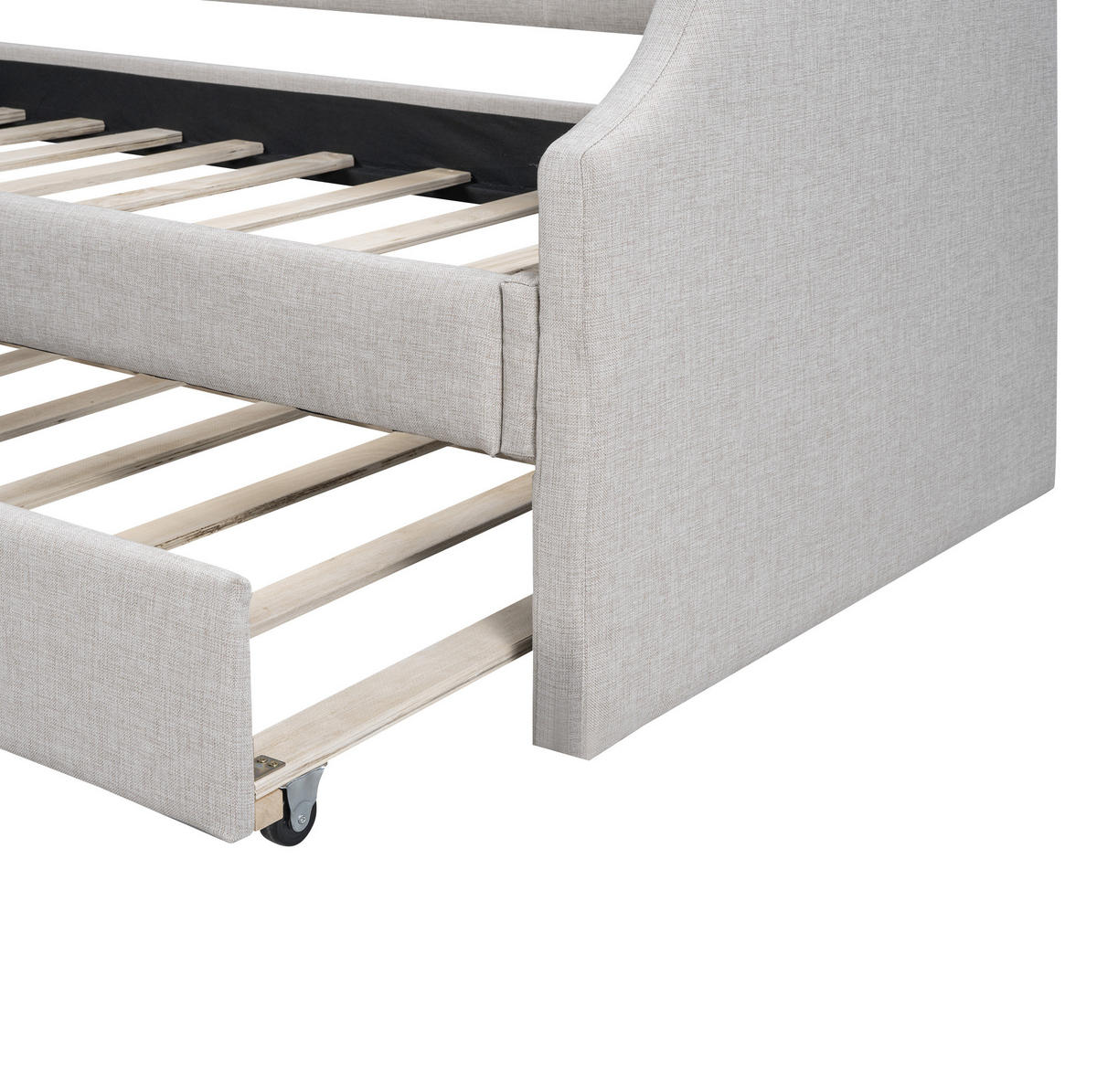 POLSTERBETT 90/200 cm Beige aus Leinen und Sperrholz mit Rollbett - Beige, Textil (90/200cm) - OKMYHOME