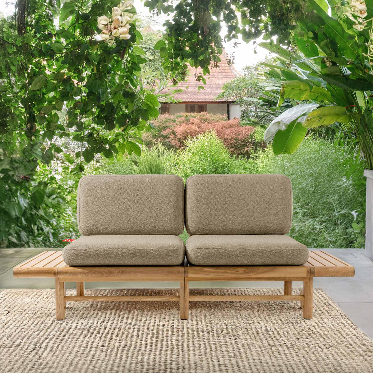 GARTENSOFA ATREDA 2-Sitzer, mit beideseitig Ablagen - Beige, Holz/Textil (190/74/80cm) - KONSIMO®