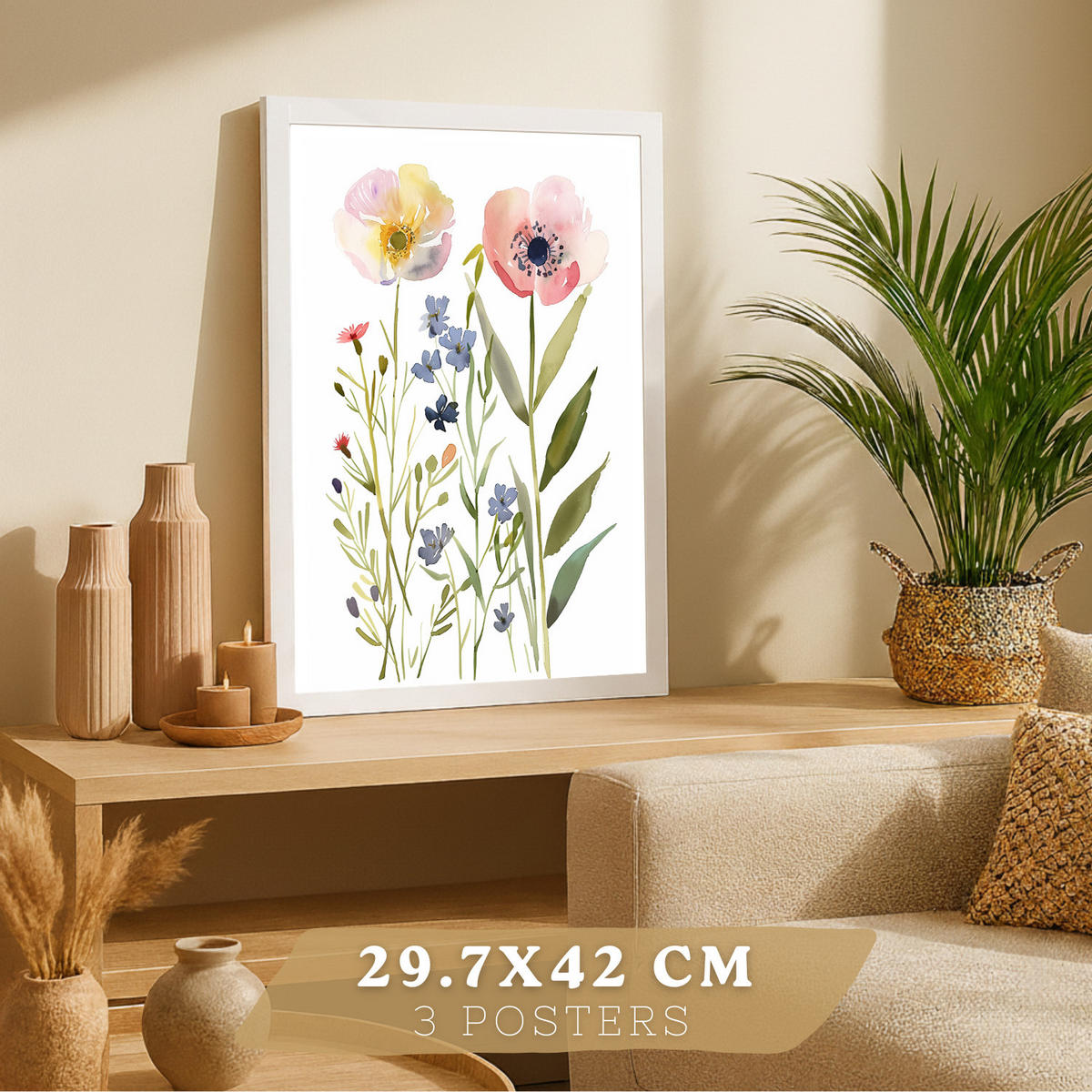 PLAKAT Sada 3 akvarelových květinových potisků. Dekorativní nástěnné umění s barevnými květinami. Velikost Bílý rám A3 - bílá, papír (29.7/42/3cm) - Nacnic
