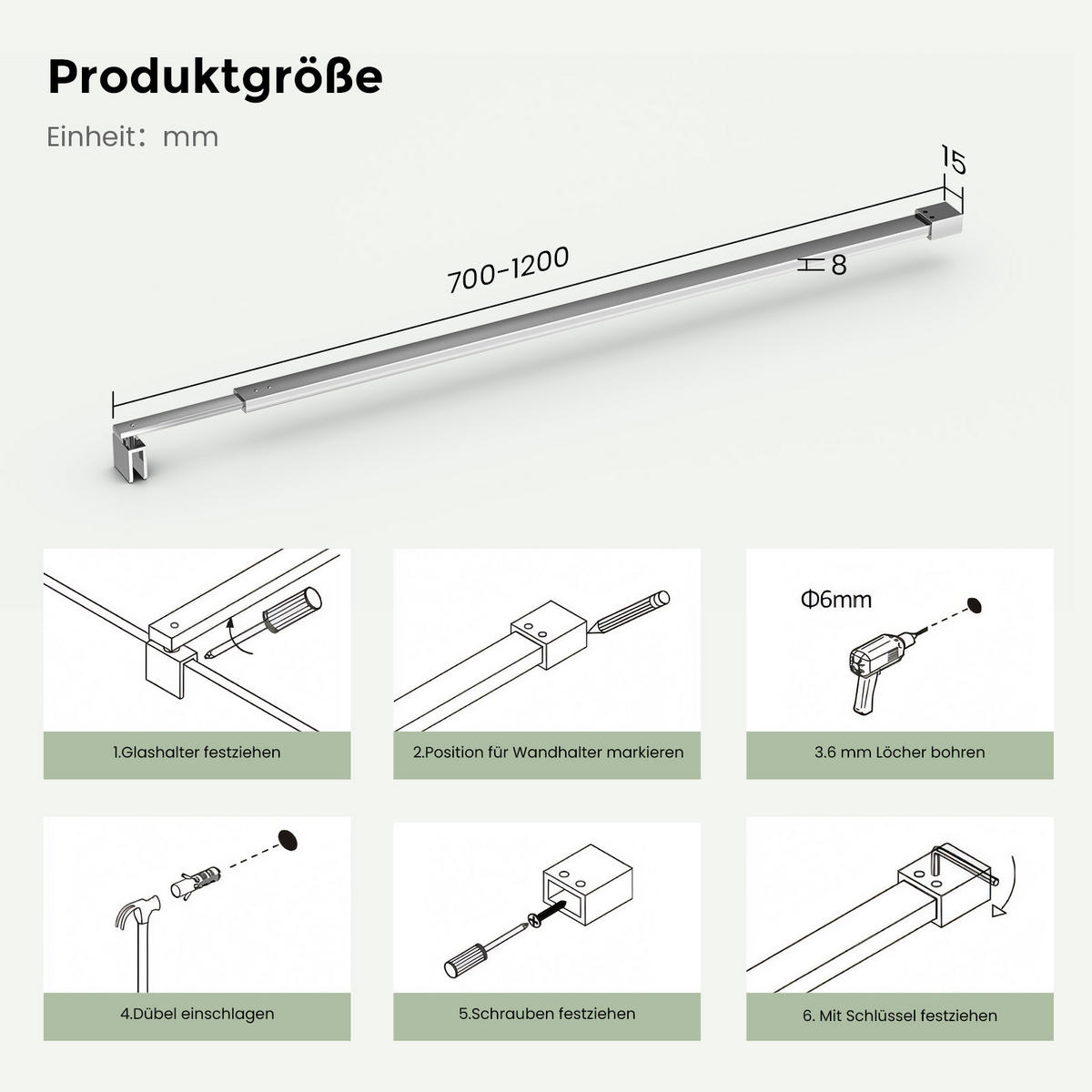 STABILISIERUNGSSTANGE 70–120 cm Edelstahl verchromt für Duschwand 8–10 mm mit 360°-Gelenk - Chromfarben, Metall (4/120cm) - S'AFIELINA