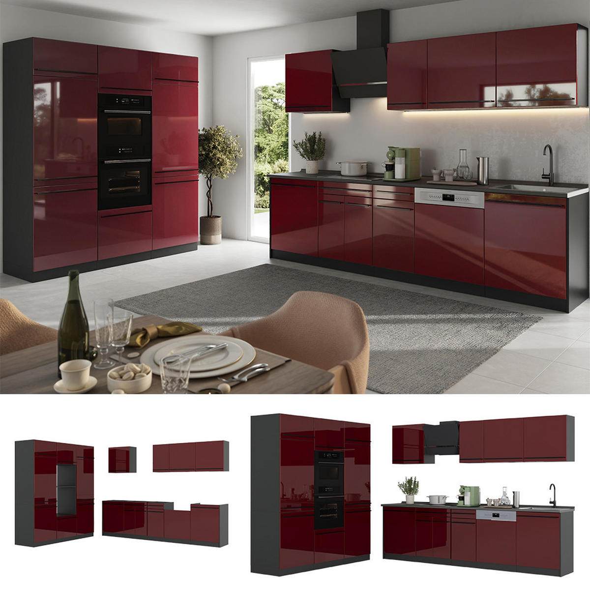 KÜCHENZEILE R-Line, Rot Hochglanz/Anthrazit, 180 cm Arbeitsplatte Goldkraft Eiche - Anthrazit/Rot, Holzwerkstoff (180/206.8/60cm) - Vicco