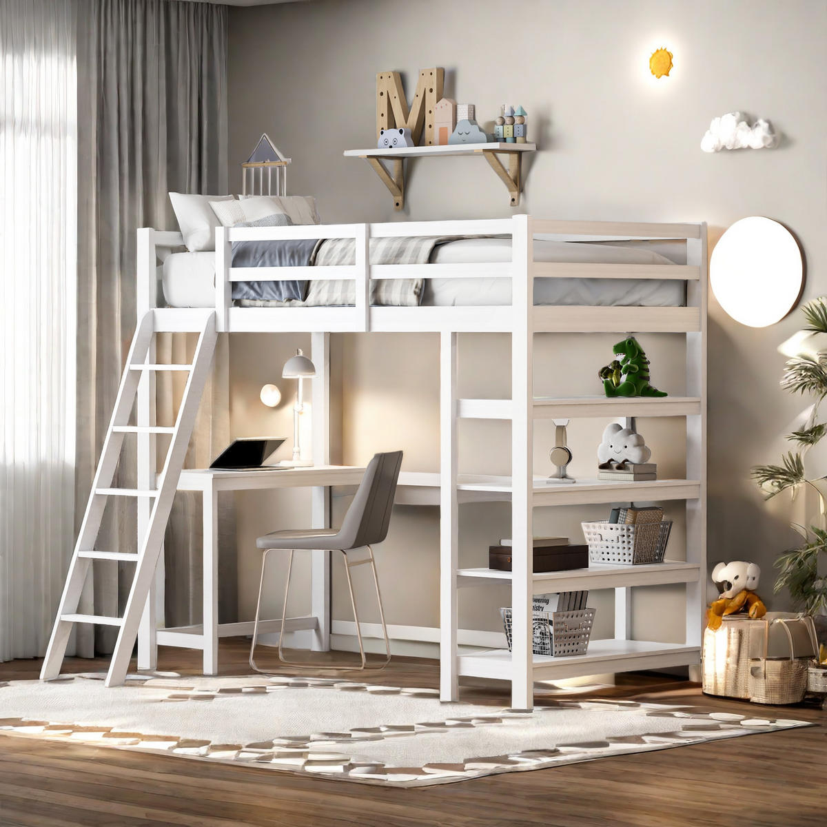 HOCHBETT 90x200 cm mit Schreibtisch & Regalen, Lattenrost, Weiß - Weiß, Holz