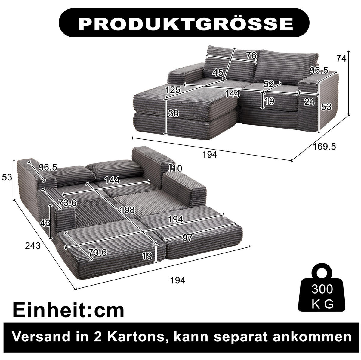 SOFA-BETT modular mit Fußstütze Cord Grey - Grau, Kunststoff (169.5/194cm) - Meubliv
