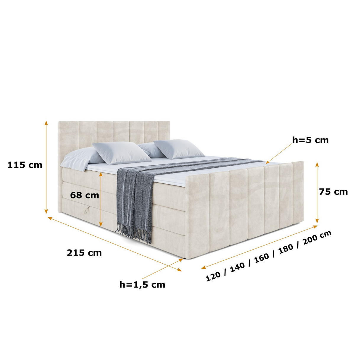 BOXSPRINGBETT MOETI-Z KING - 140x200 - H3/H4 - Creme - Creme, Holzwerkstoff (140/200cm) - ALTDECOR