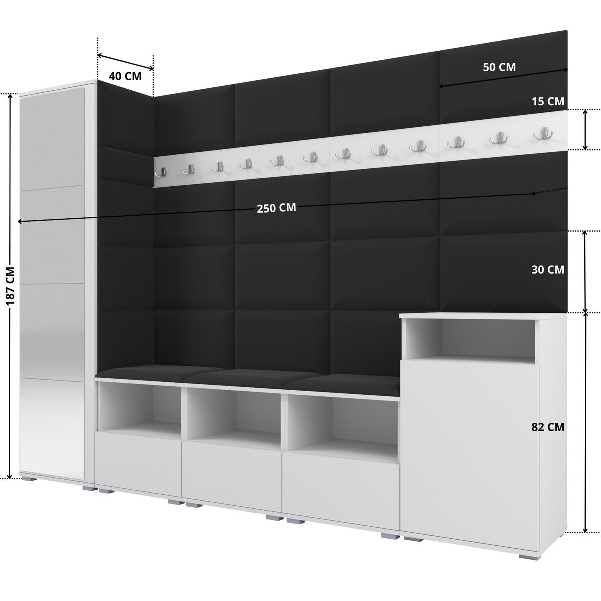 GARDEROBE NELA XI 250 cm (Modulare Flurmöbel Weiß mit Spiegel & Sitzpolster Schwarz 16 Großes Set) - Silberfarben/Schwarz, Holz/Holzwerkstoff (250/187/40cm) - Ravio