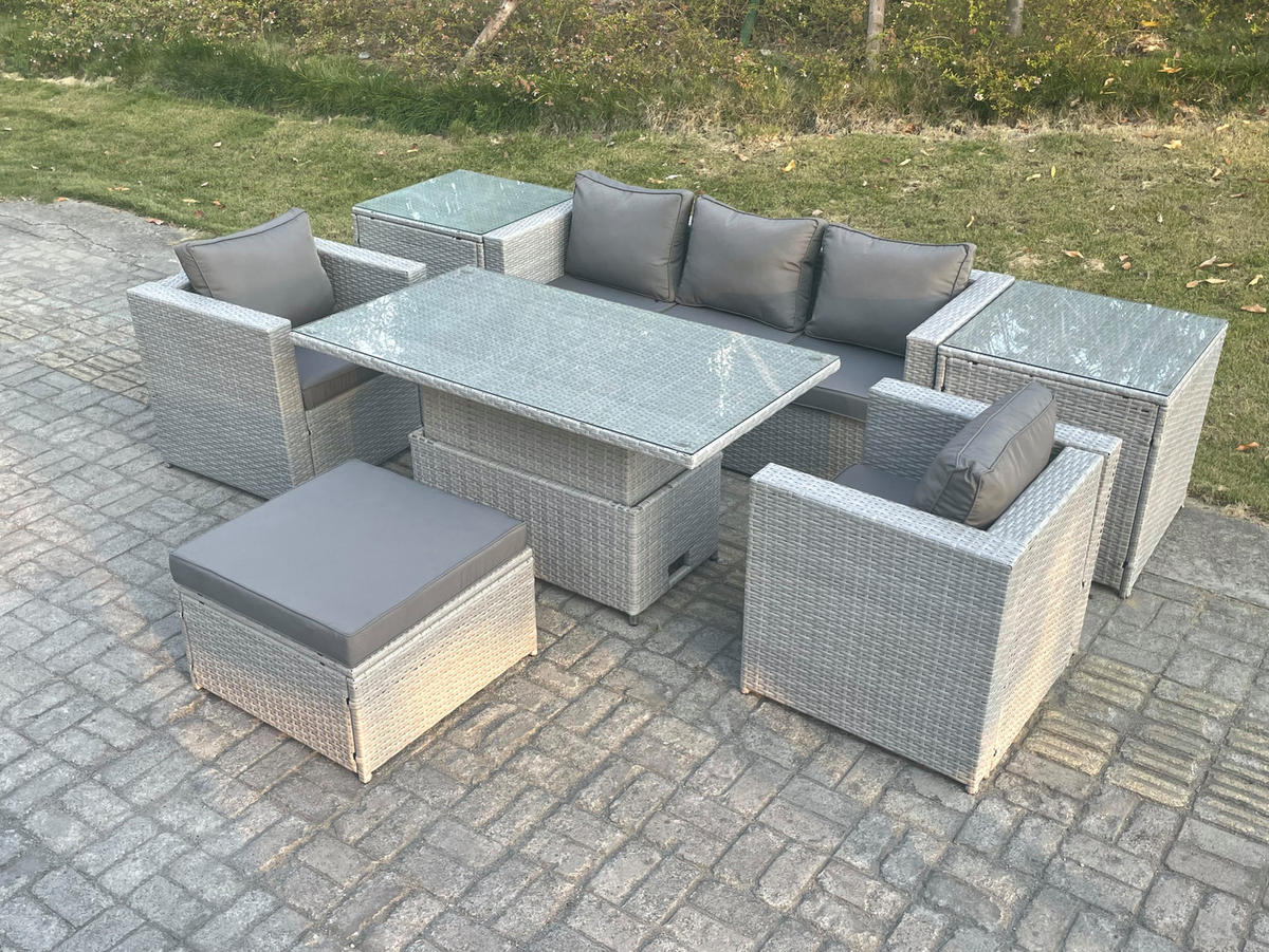 GARTENMÖBEL SET mit höhenverstellbarer Tisch Polyrattan Helles Grau 7-teilige - Hellgrau, Metall - Fimous