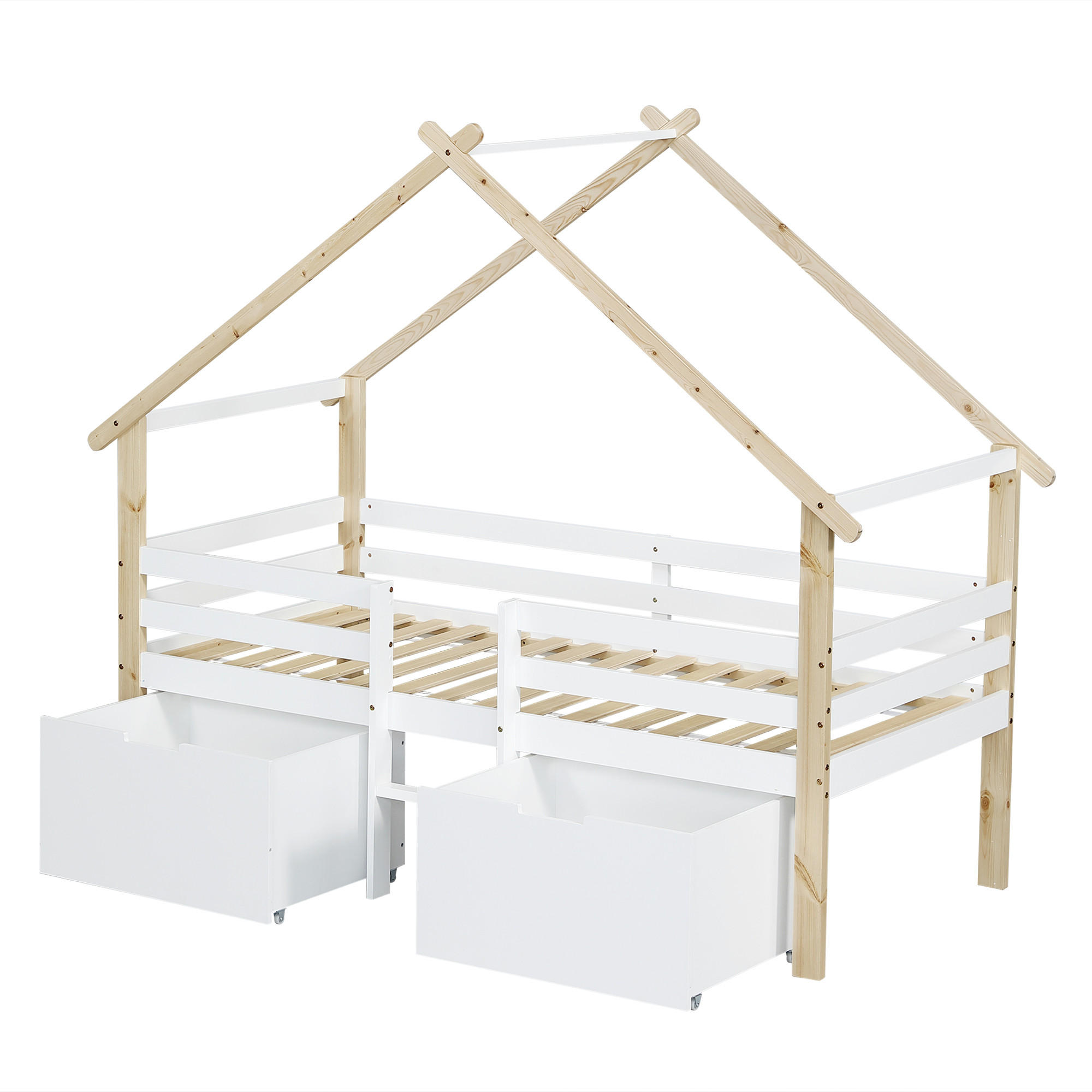 HAUSBETT 90/200 cm DE-02197, in Weiß/Natur, mit Dach, Treppe und 2 Schließfächern - Weiß, Holzwerkstoff (90/200cm) - ComfortXL