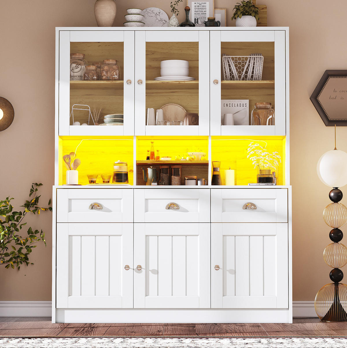 BUFFET 140/40/175 cm in Weiß mit LED-Beleuchtung und verstellbaren Ablagen - Weiß, Holzwerkstoff (140/175/40cm) - Flora Grace