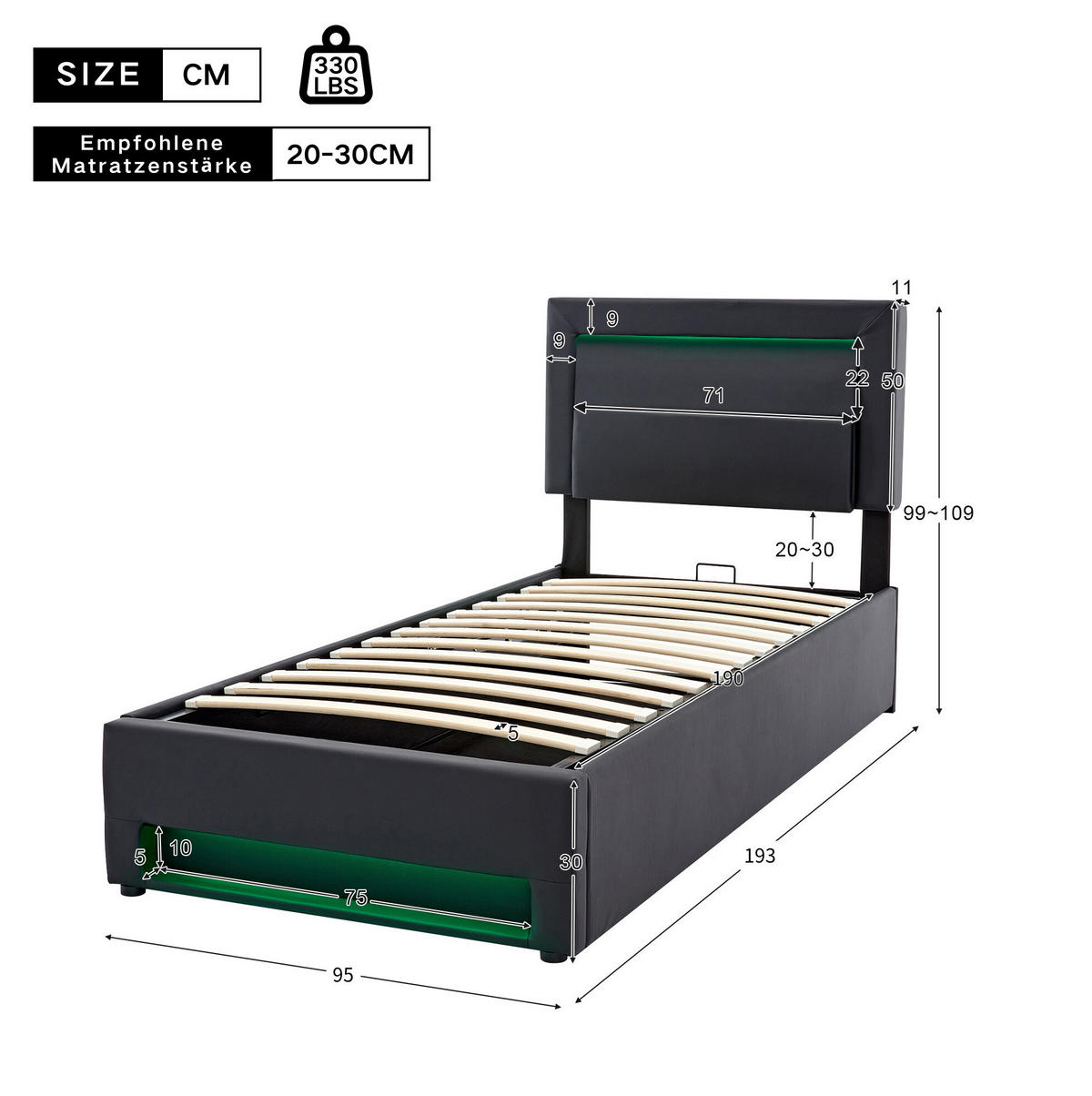 POLSTERBETT mit USB, LED und Stauraum 90x190 cm PU Schwarz - Schwarz, Metall (90/190cm) - Meubliv