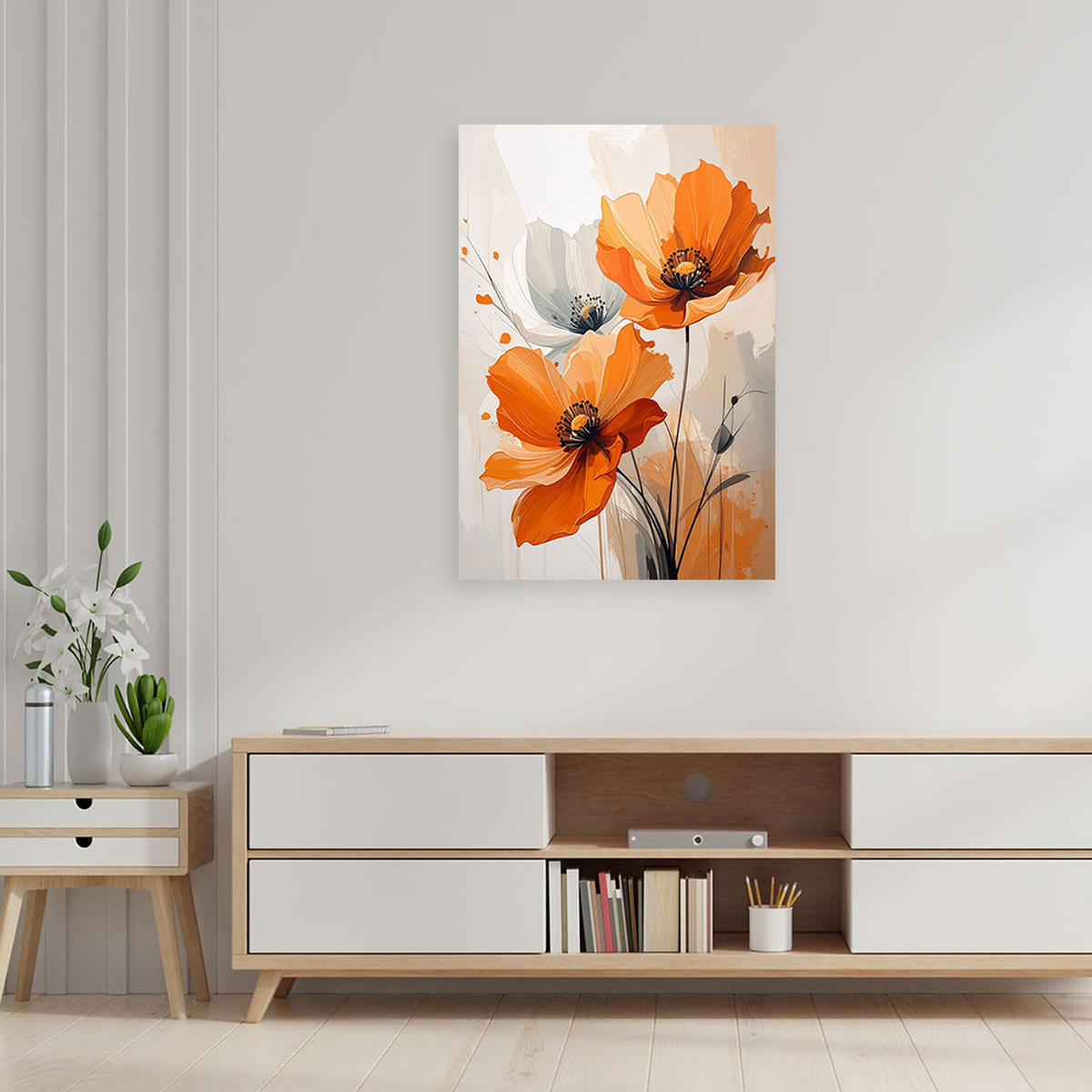 BILD auf Leinwand, Orangefarbene Blüten in einer modernen malerischen Komposition - Orange, Textil (70/100cm) - Feeby