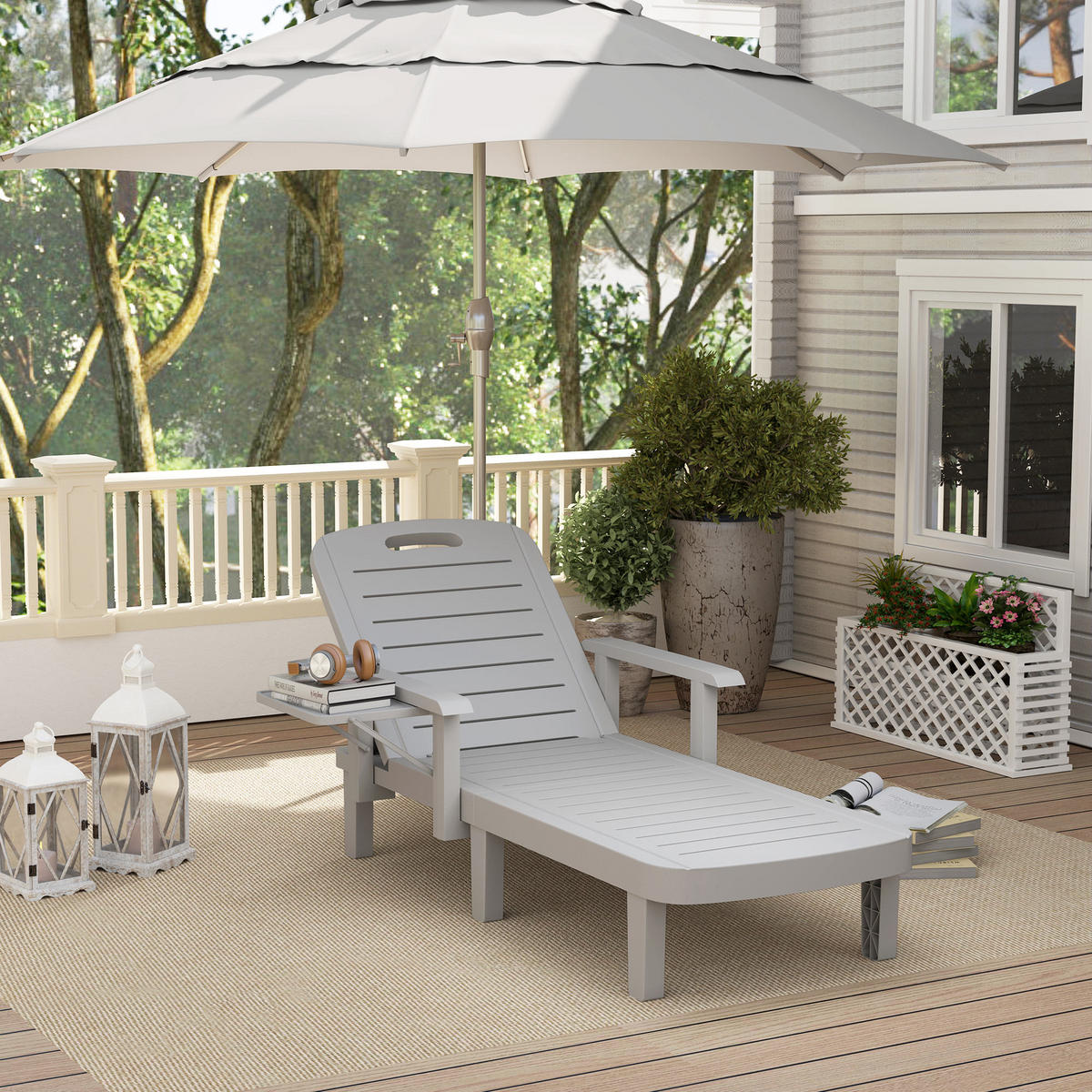 SONNENLIEGE mit Seitentisch Holzoptik - Hellgrau, Kunststoff (158/88/79cm) - Outsunny