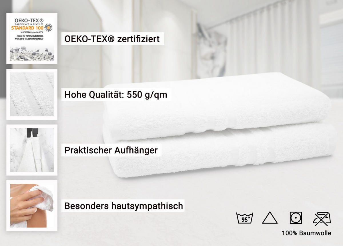 DUSCHTÜCHER, 2er-Set, 70x140 cm, 100% Baumwolle, Weiß - Weiß, Textil (70/140cm) - Zollner