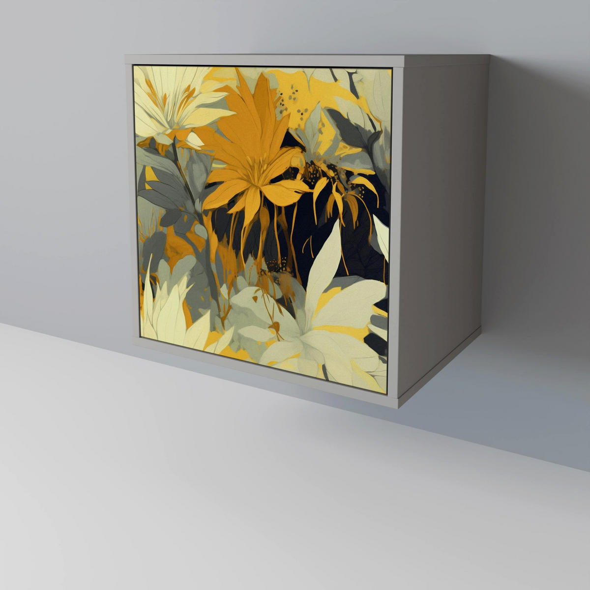 SIDEBOARD SUNKISSED LILY, Grau, 57,5x42x75,5 cm, Goldfarbene Metallfüße - Goldfarben/Multicolor, Holzwerkstoff/Metall (57.5/75.5/42cm) - SpaceRebels