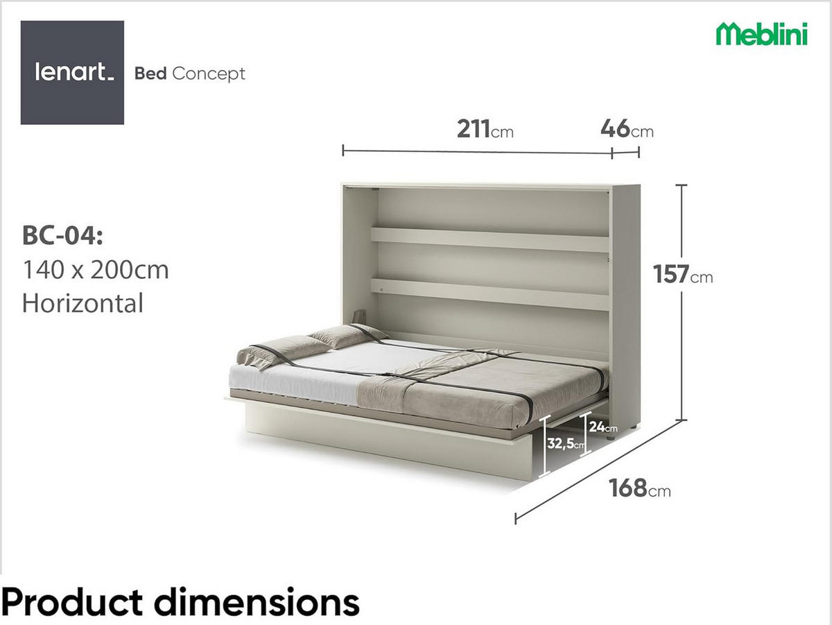 SCHRANKBETT BC-04 - 140x200cm Horizontal - Kaschmir mit Matratze - Kaschmir, Holzwerkstoff (200/140cm) - Meblini