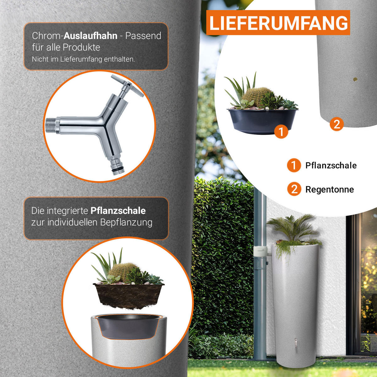 2IN1 Regentonne 350 L, silver inkl. Pflanzschale - Silberfarben, Kunststoff (62/150/62cm) - GARANTIA