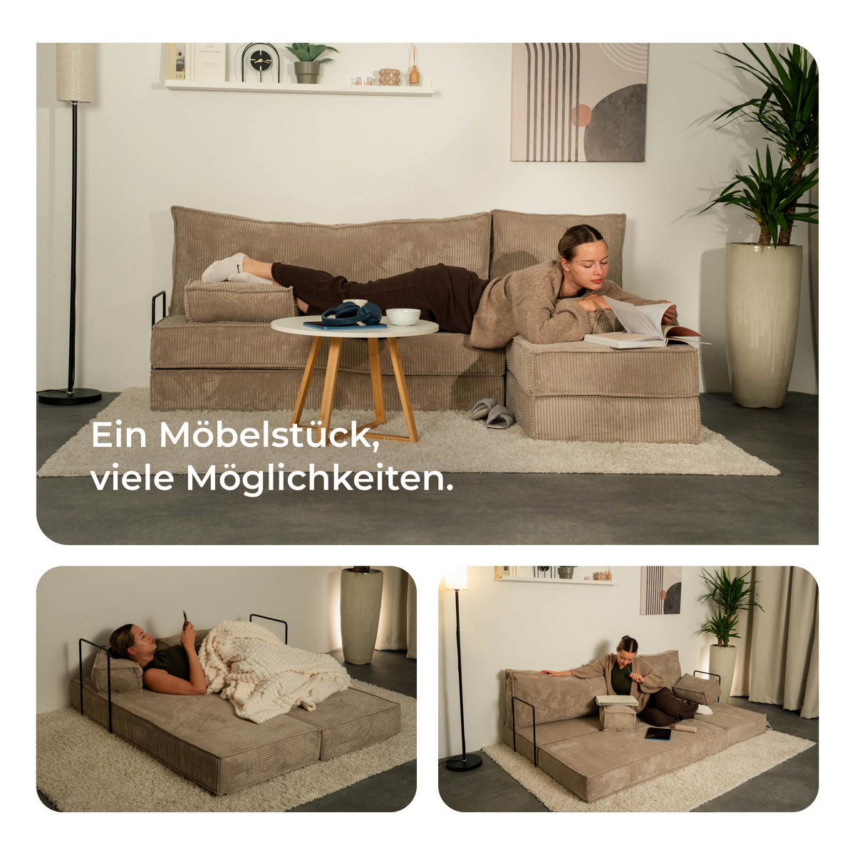 ECKSOFA NOTIA modulares Boneless Sofa mit Schlaffunktion Hellgrau Cordstoff - Hellgrau, Textil (200/120cm) - MASSENO