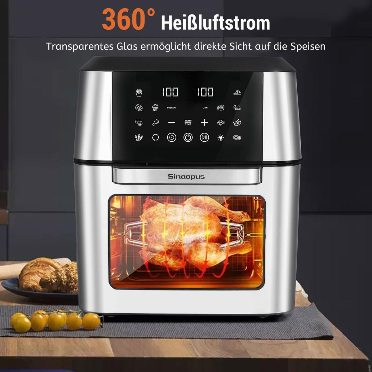 MINIBACKOFEN 12L XXL Heißluftfritteuse mit Zubehör, Multifunktionsofen mit Easy Fry & Grill Funktion, 12 Programme - Schwarz, Kunststoff (35/37.5/32.5cm) - Beaface