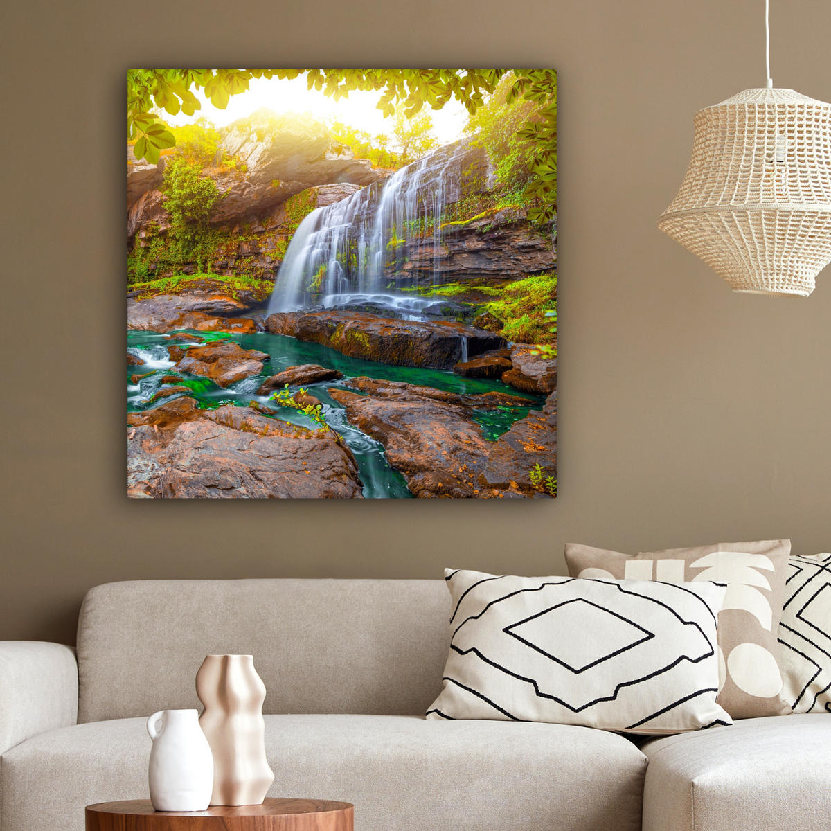 LEINWANDBILD Natur - Wasserfall - Pflanzen - Bäume - Sonne 90x90 cm - Olivgrün, Textil (90/90cm) - MuchoWow