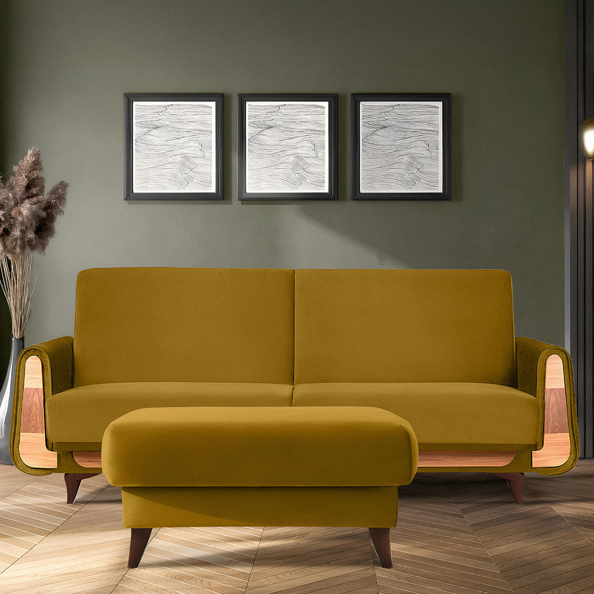 HOCKER GUSTAVO Velours, Gelb - Gelb, Holz/Holzwerkstoff (92/49/92cm) - KONSIMO®