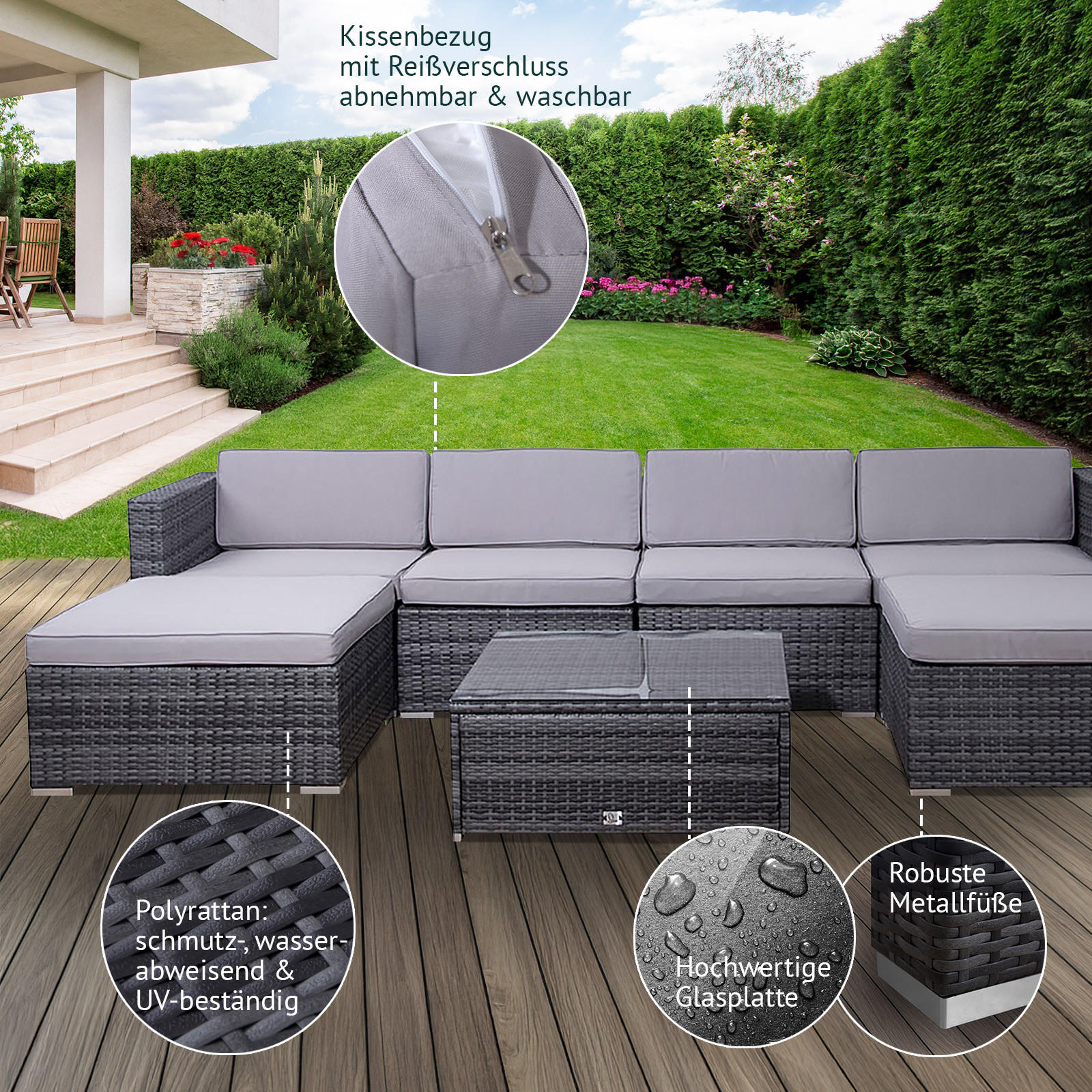 LUGANO Polyrattan Lounge Grau - Grau, Kunststoff - SVITA