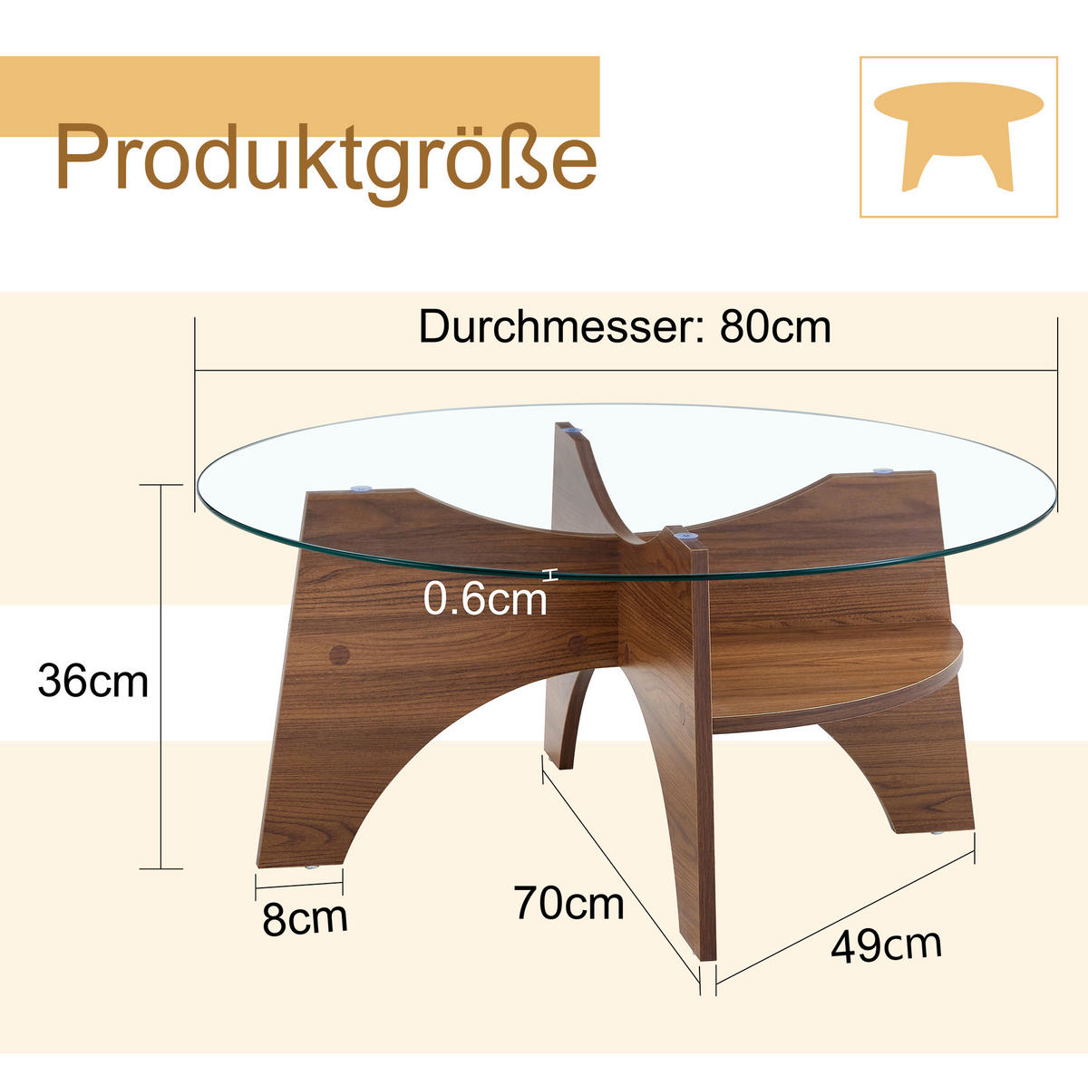 BEISTELLTISCH 80/36 cm Transparent/Walnuss aus Glas und MDF mit fächerförmigem Gestell - Walnussfarben, Holzwerkstoff (80/80/36cm) - OKMYHOME
