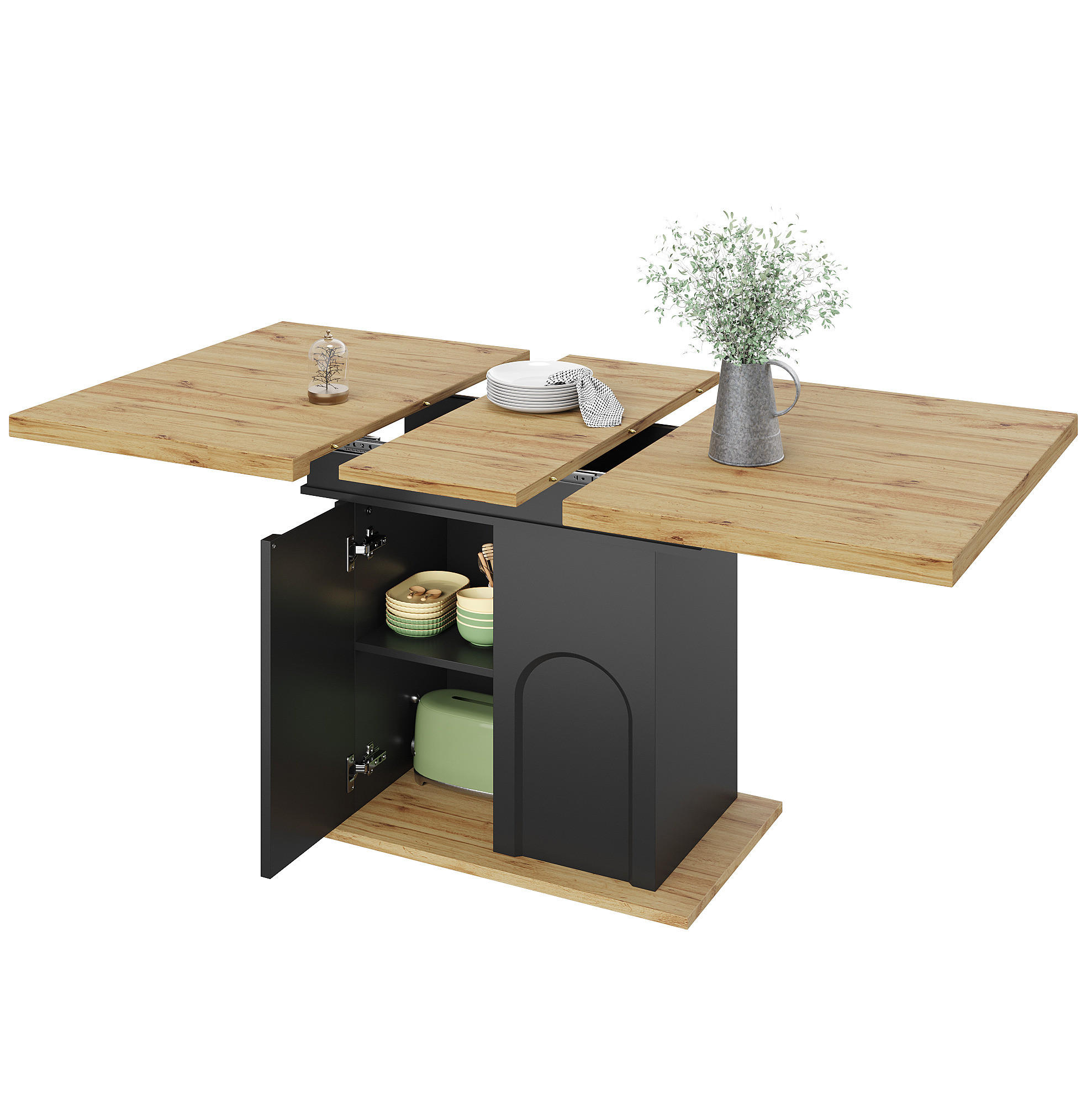 BLAGOVAONSKI stol 110-140/80/76 cm crni i prirodni od MDF-a i metala na razvlačenje s ormarićem - crna, drvni materijal (140/80/76cm) - OKWISH
