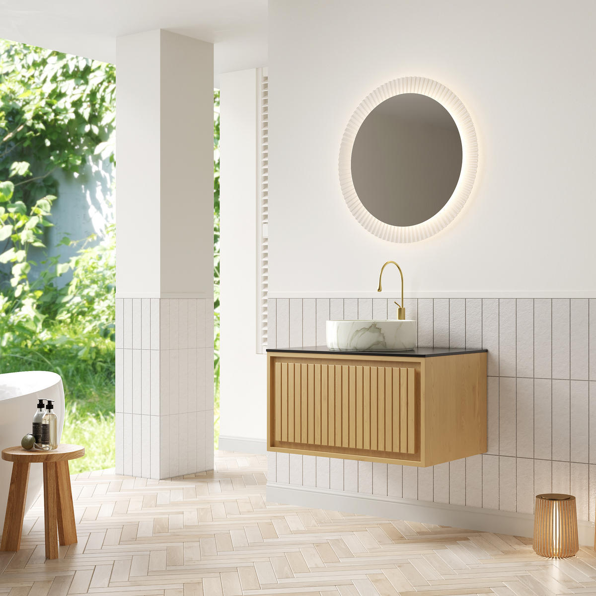 WASCHTISCHUNTERSCHRANK 76x48x53cm Schwarz&Goldene Eiche&Steinweiß mit Keramikaufsatzbecken & Schwebe-Design - Eichefarben, Keramik (76/53/48cm) - Modfu